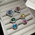 Light Luxury Copper Open Ring With Micro Pave Zircon Heart And Geometric Square Design view 3