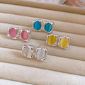 Korean Style Cat Eye Stone Geometric Stud Earrings, Vintage Light Luxury Oval Design view 4