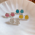 Korean Style Cat Eye Stone Geometric Stud Earrings, Vintage Light Luxury Oval Design view 2