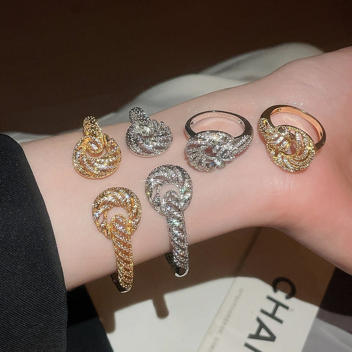 18K Gold Plated Copper Zircon Twisted Open Bangle Ring Jewelry Set For Women