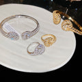 18K Gold Plated Copper Zircon Twisted Open Bangle Ring Jewelry Set For Women view 4