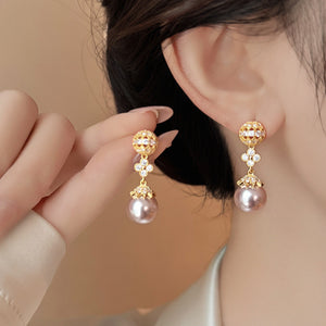 French Vintage Hollow Rhinestone Faux Pearl Stud Earrings Elegant Light Luxury Jewelry For Women