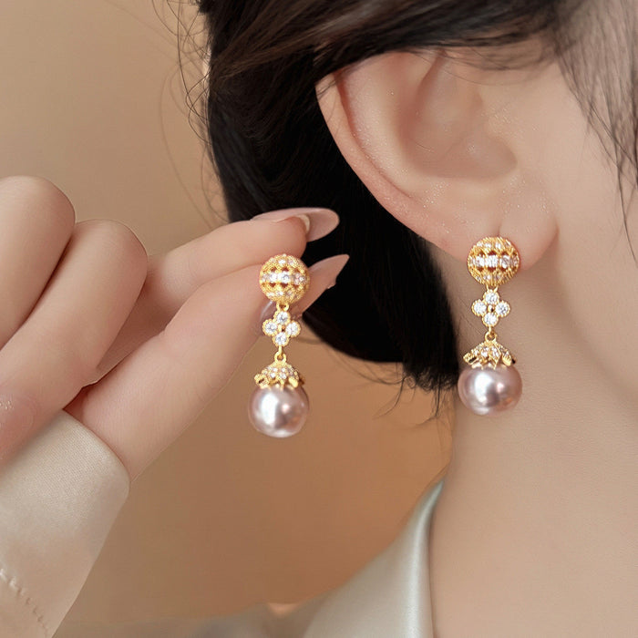 French Vintage Hollow Rhinestone Faux Pearl Stud Earrings Elegant Light Luxury Jewelry For Women