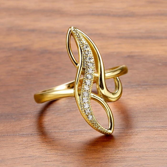 Women's Exaggerated Curved Ring With Gold Color Round Design Micro Pave Cross Band
