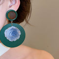 Resin Round Flower Pendant Drop Earrings With Silver Pin Vintage Ethnic Geometric Style view 3