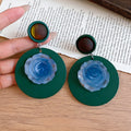 Resin Round Flower Pendant Drop Earrings With Silver Pin Vintage Ethnic Geometric Style view 4