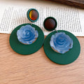Resin Round Flower Pendant Drop Earrings With Silver Pin Vintage Ethnic Geometric Style view 2