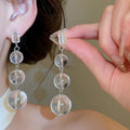 Transparent Glass Bead Round Pendant Tassel Drop Earrings With Silver Posts For Women view 2