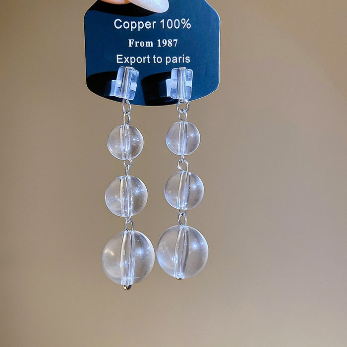 Transparent Glass Bead Round Pendant Tassel Drop Earrings With Silver Posts For Women
