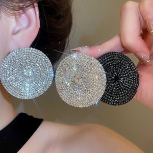Rhinestone Round Pendant Drop Earrings With Silver Pins, Luxury Geometric Statement Jewelry