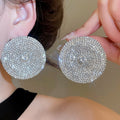 Rhinestone Round Pendant Drop Earrings With Silver Pins, Luxury Geometric Statement Jewelry view 3