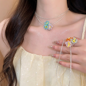 Light Luxury Glass Crystal Beaded Flower Multilayer Choker Necklace For Women Summer Collarbone Jewelry