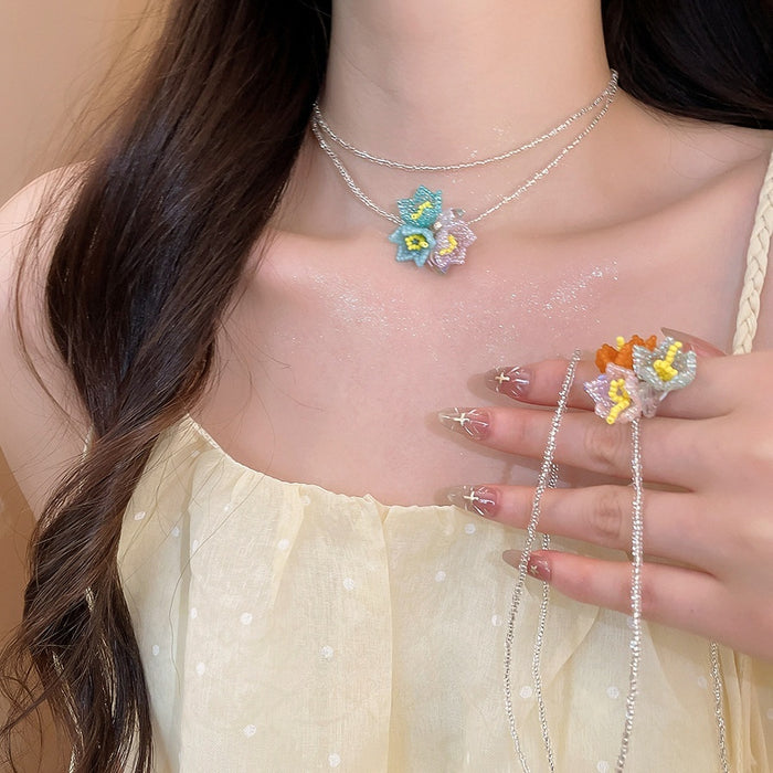 Light Luxury Glass Crystal Beaded Flower Multilayer Choker Necklace For Women Summer Collarbone Jewelry