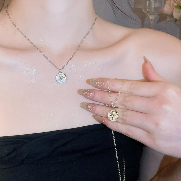 14K Gold Plated Zircon Round Eight Point Star Pendant Necklace Korean Style Collarbone Jewelry