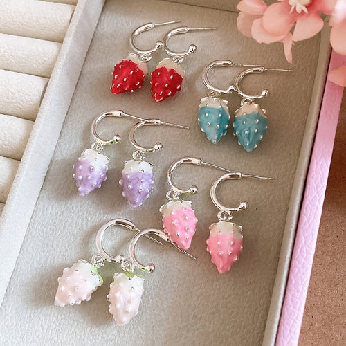 Sweet Dopamine Colorful Enamel Strawberry Alloy Stud Earrings, Trendy Fruit Jewelry For Girls