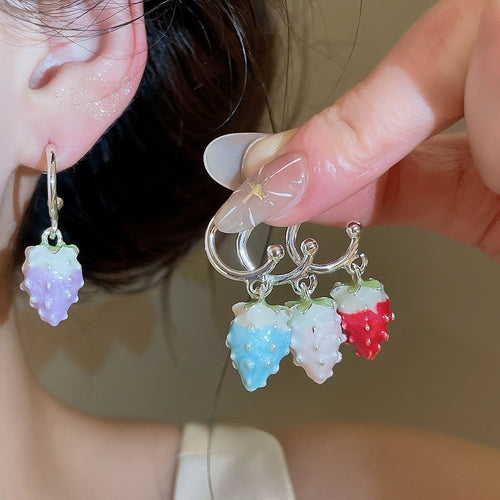 Sweet Dopamine Colorful Enamel Strawberry Alloy Stud Earrings, Trendy Fruit Jewelry For Girls