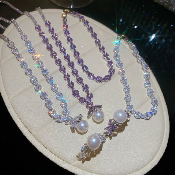 Luxury Cubic Zirconia Faux Pearl Jewelry Set With Ring Necklace Bracelet Geometric Evening Style