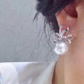 Delicate Ribbon Bow Faux White Pearl Stud Earrings With Zircon Fairy Style Jewelry view 3