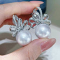 Delicate Ribbon Bow Faux White Pearl Stud Earrings With Zircon Fairy Style Jewelry view 2