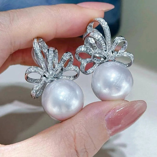 Delicate Ribbon Bow Faux White Pearl Stud Earrings With Zircon Fairy Style Jewelry