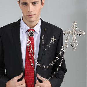 Cross and Round Pin Double Chain Collar Brooch in Two Finishes
