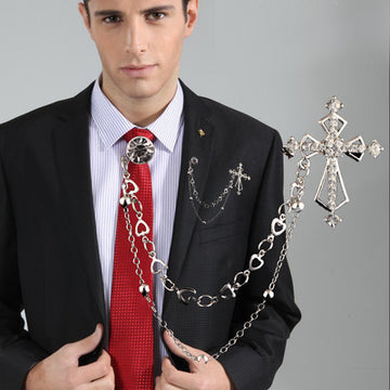 Cross and Round Pin Double Chain Collar Brooch in Two Finishes