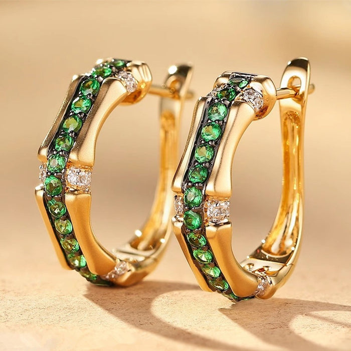 Elegant Hoop Earrings With Faux Emerald Design Classic Daily Vacation Accessory For Women