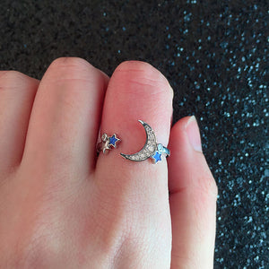 Open Adjustable Silver-Tone Moon and Star Ring with Cubic Zirconia