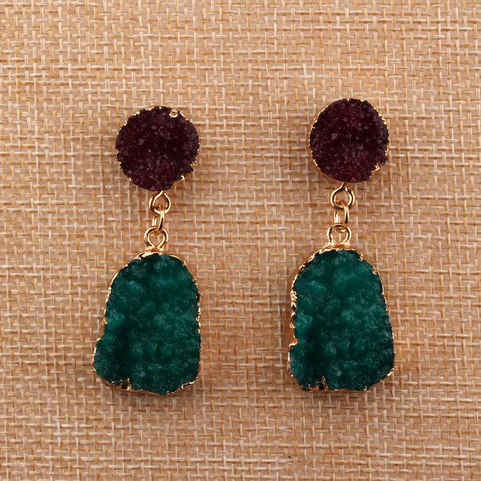 Gold Tone Burgundy and Green Crystal Cluster Statement Drop Earrings