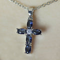 Blue Oval Cross Pendant Necklace Silver Tone Clear Center view 3