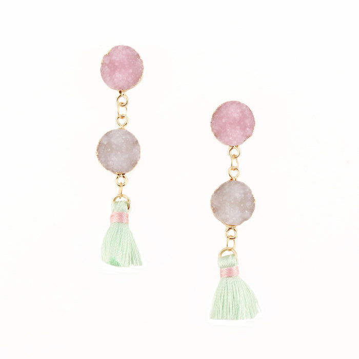 Gold Tone Double Round Crystal Cluster Tassel Earrings in Two Colors