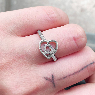 Silver-Tone Double Heart Ring With Clear Crystal Accents shown in front product view