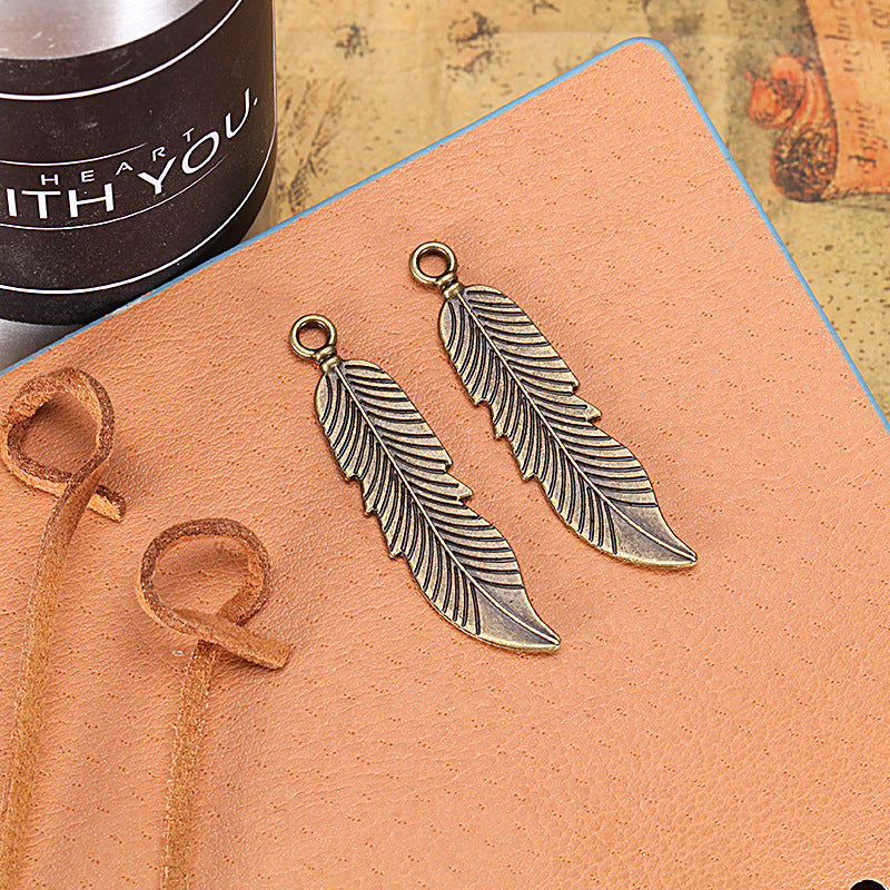 Double-Sided Leaf Feather Alloy Charm Pendant 45x11mm