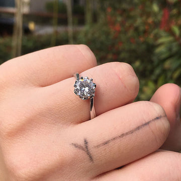 Silver Tone Six Prong Clear Crystal Raised Solitaire Ring