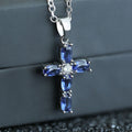 Blue Oval Cross Pendant Necklace Silver Tone Clear Center view 2