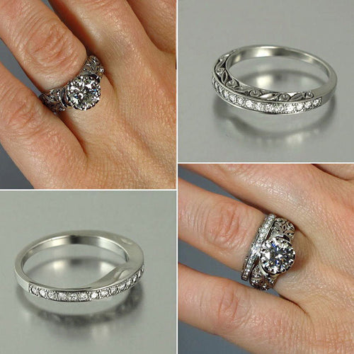 Antique Silver Tone Floral Crystal Two Piece Ring Set front view