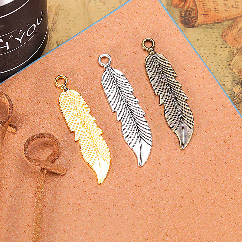 Double-Sided Leaf Feather Alloy Charm Pendant 45x11mm