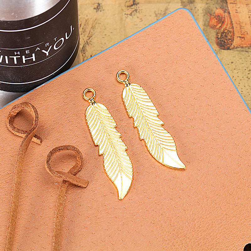 Double-Sided Leaf Feather Alloy Charm Pendant 45x11mm