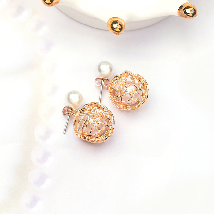 Pearl Look Faceted Center Wire Nest Round Stud Earrings