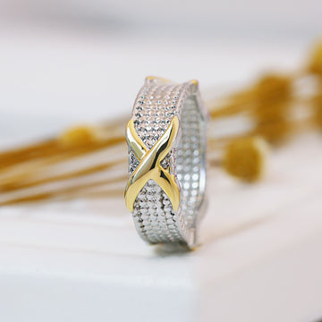 Silver And Gold-Tone X Band Ring With Crystal Pave
