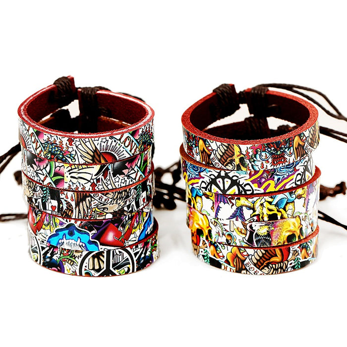 European American Braided Cowhide Bracelet, Colorful Heat Transfer Unisex Genuine Leather Jewelry