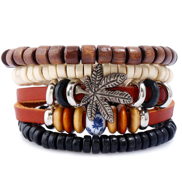 European American Simple Vintage Beaded Cowhide Bracelet Alloy Maple Leaf Wood Bead Multilayer Set