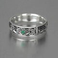 Antique Silver Leaf Engraved Band Green Accent Stone Ring view 1