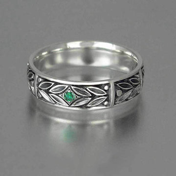 Antique Silver Leaf Engraved Band Green Accent Stone Ring