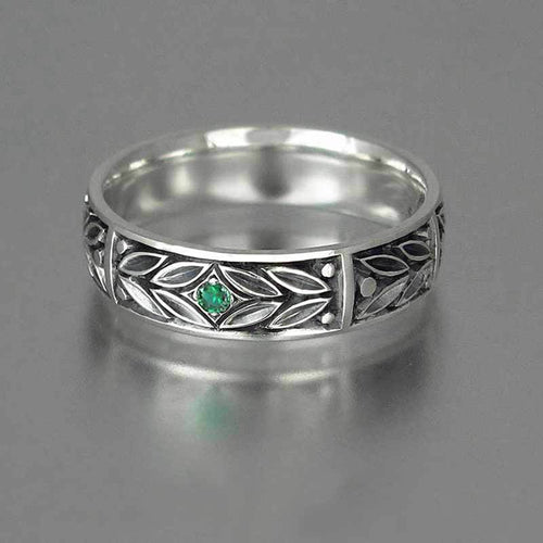Antique silver leaf band green stone ring front