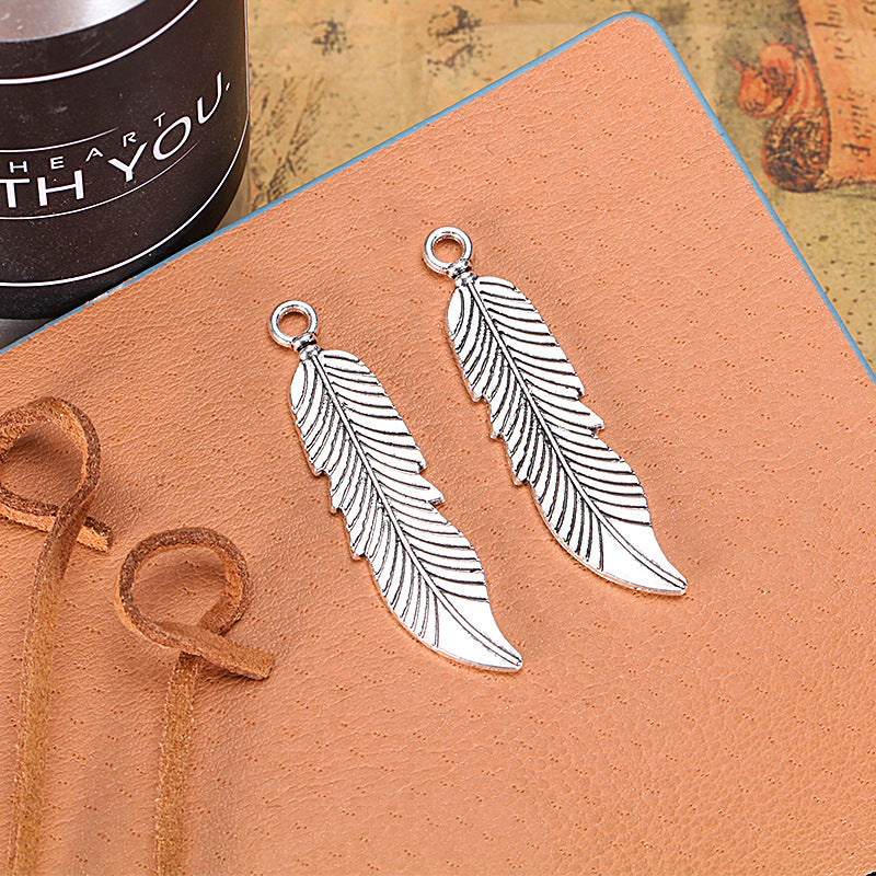 Double-Sided Leaf Feather Alloy Charm Pendant 45x11mm