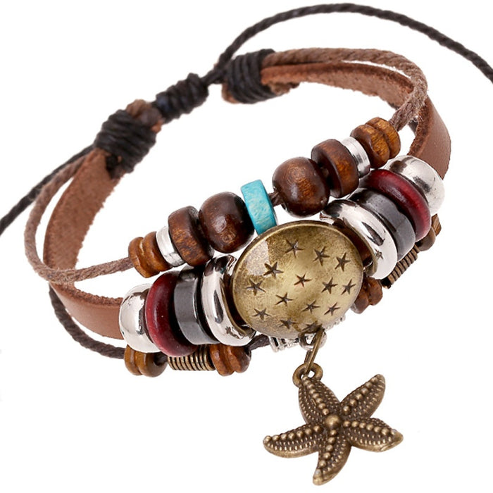 European American Men Cowhide Leather Bracelet Vintage Beaded Starfish Pendant Wristband Jewelry