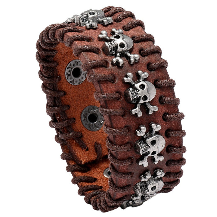 Vintage Handmade Stitched Punk Cowhide Leather Bracelet With Single Row Skulls For Men