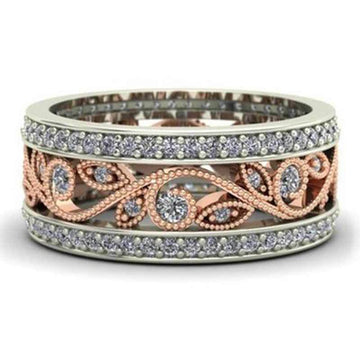 Rose Gold Leaf Openwork Two Tone Wide Statement Band Ring