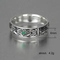 Antique Silver Leaf Engraved Band Green Accent Stone Ring view 5